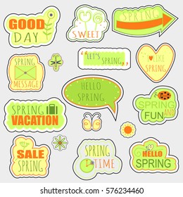 Set of Spring stickers, badges with text, insects and floral elements. Vector illustration.