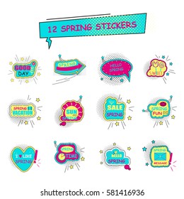 Set of Spring stickers, badges with text, labels. Pop art objects on a white background. Vector illustration.
