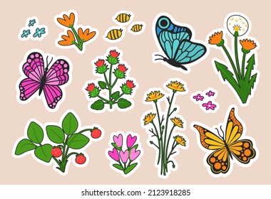 Conjunto de pegatinas de primavera. Colección de elementos gráficos para redes sociales. Plantas e insectos, flores y mariposas, naturaleza. Ilustraciones de caricaturas de vectores planos aisladas en el fondo naranja