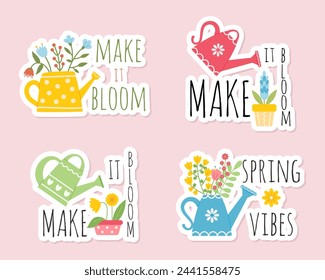 Set of spring stickers. Colorful watering cans with beautiful flowers. Stickers on spring theme in pastel colors, lettering about spring, flowers, blossoming tree branches