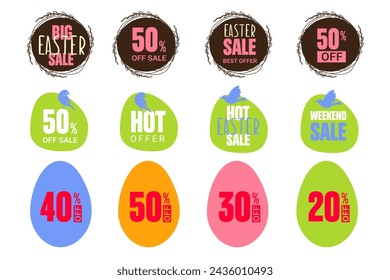 Set of spring stickers with easter eggs and nests. Elements for 50%, 40%, 30%, 20% discount tags, promotion stickers, labels, flyer, banner, button, advertising and poster design.