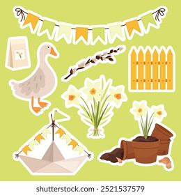 Set of spring stickers. Spring flowers of daffodils, goose, paper ship, flower seeds, festive garland, garden flower pots. Flat illustration.