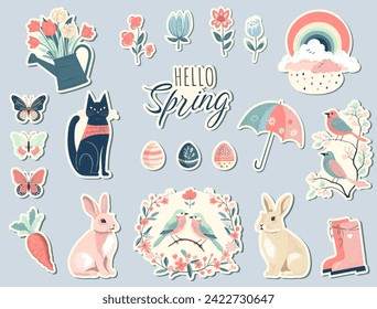 Set of spring stickers hand drawn style. Collection of springtime elements. Vector seasonal elements.