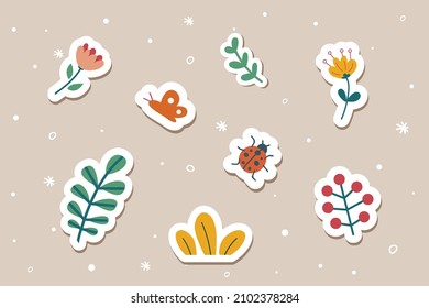 Set of spring stickers with hand-drawn illustration