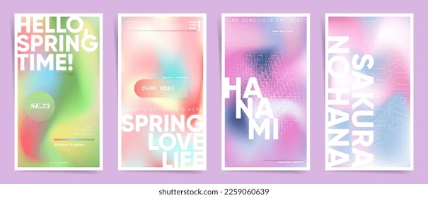 Set of spring stories templates in mesh gradient modern design. Futuristic gradient backgrounds with text for covers, posts, story templates. Holographic aesthetic colorful spring sale creatives.