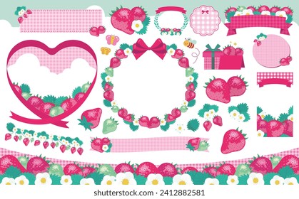 Set of spring strawberry frames and illustrations depicting leaves, flowers and strawberry fruit.