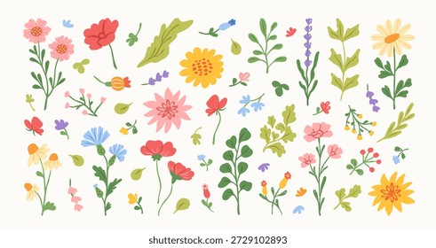 Conjunto de primavera e verão abstrato mão desenhado flores. Floral bonito doodle elementos, flores silvestres, folhas e ervas, plantas, folhagem. Escova de desenho colorida, giz de cera, linha. Ilustração vetorial.