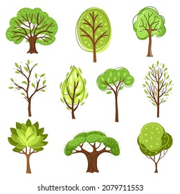 Set of spring or summer abstract stylized trees.