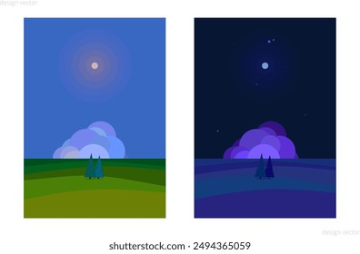 Set of spring, summer and autumn valley landscape with Moon, clouds and stars vector illustration poster