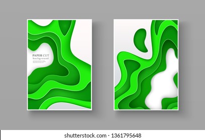 Set of spring and summer banners with 3d layered shapes in paper cut style. Bright green seasonal design in papercraft art on white background. Vector illustration Size A4