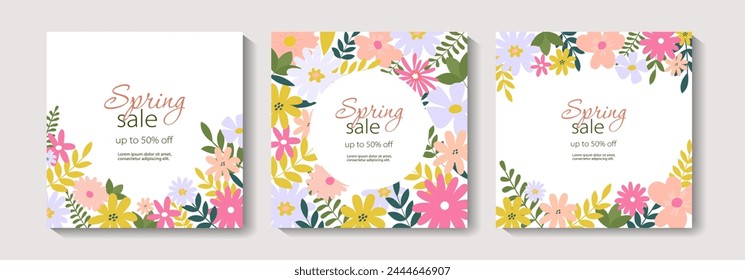 Set of spring or summer banners with flowers, leaves. Editable vector template for greeting card, poster, banner, invitation, social media post. Summer sale. Spring sale