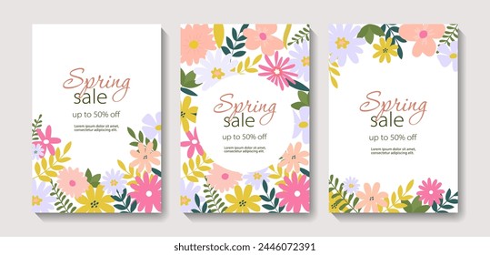 Set of spring or summer banners with flowers, leaves. Editable vector template for greeting card, poster, banner, invitation, social media post. Summer sale. Spring sale