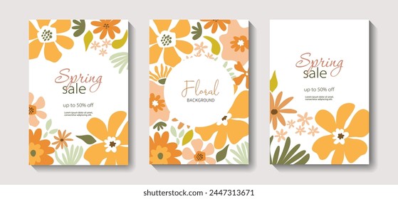 Set of spring or summer banners with flowers, leaves. Editable vector template for greeting card, poster, banner, invitation, social media post. Summer sale. Spring sale