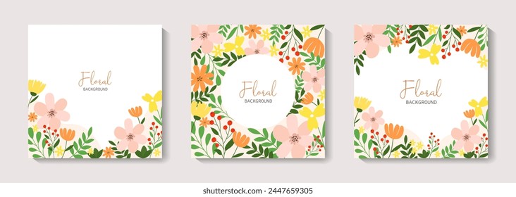 Conjunto de Anuncios de primavera o verano con flores, hojas. Plantilla de Vector editable para tarjeta de felicitación, cartel, Anuncio, invitación, publicación en redes sociales. Venta de verano. Venta de primavera