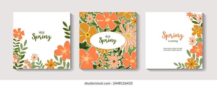 Set of spring or summer banners with flowers, leaves. Editable vector template for greeting card, poster, banner, invitation, social media post. Summer sale. Spring sale