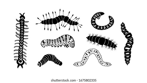 Set spring and summer caterpillar icons. Black caterpillars with different silhouette on white background. For festive card, logo, children, pattern, tattoo, decorative, concept. Vector illustration.