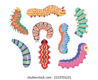 Set spring and summer colorful caterpillars. Pretty caterpillars different silhouette on white background. For festive card, banner, children, pattern, tattoo, decorative, concept. Vector illustration