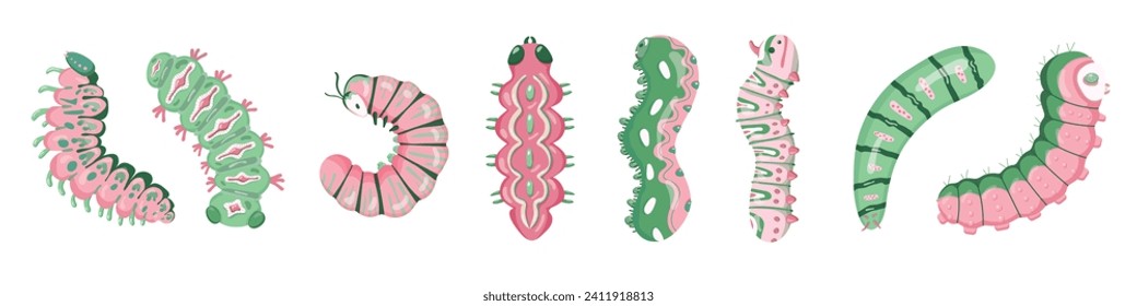 Set spring and summer colorful caterpillars. Pretty caterpillars different silhouette on white background. For festive card, banner, children, pattern, tattoo, decorative, concept. Vector illustration