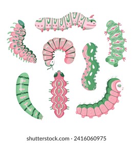 Set spring and summer colorful caterpillars. Pretty caterpillars different silhouette on white background. For festive card, banner, children, pattern, tattoo, decorative, concept. Vector illustration