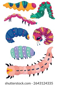 Set spring and summer colorful caterpillars. Pretty caterpillars different silhouette on white background. For festive card, banner, children, pattern, tattoo, decorative, concept. Vector illustration