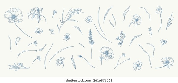 Set of spring and summer flowers, branches and leaves. Isolated vector small graceful blue plant elements on light background