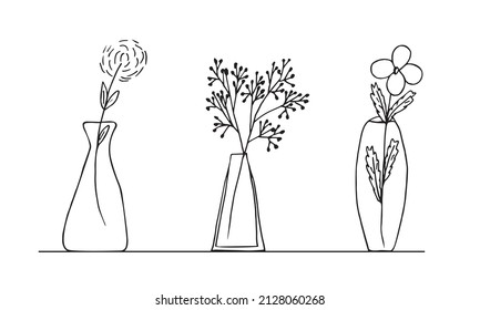 set of spring and summer flowers in hand-drawn doodle-style vases. Vector illustration isolated on white background black lines