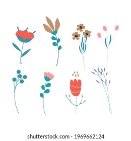 Set of spring summer flowers isolated on white background. Easter decoration. Set of floral branch. Hand drawn elements. Good for greeting cards, invitations, flyers and other graphic design. leaves