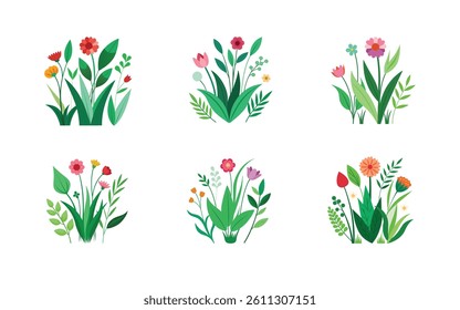 Set of spring and summer hand drawn flowers. Floral elements, wildflower, leaves and herb, plants, 