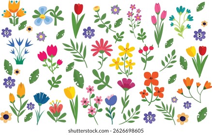 Set of spring and summer hand drawn flowers. Floral elements, wildflower, leaves and herb, plants, foliage on white background. Collection spring blossom icons. Vector flat illustration.