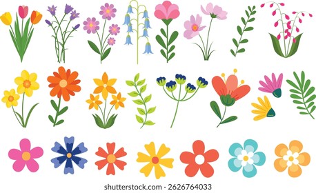 Set of spring and summer hand drawn flowers. Floral elements, wildflower, leaves and herb, plants, foliage on white background. Collection spring blossom icons. Vector flat illustration.