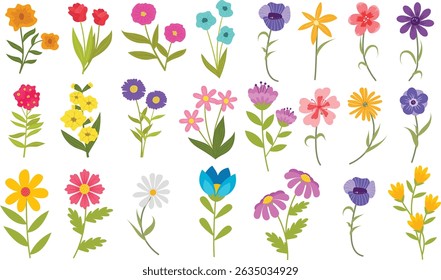 Set of spring and summer hand drawn flowers. Floral elements, wildflower, leaves and herb, plants, foliage on white background. Collection spring blossom icons. Vector flat illustration.