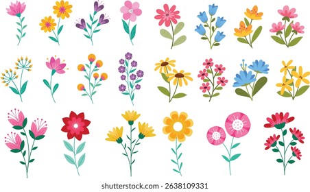 Set of spring and summer hand drawn flowers. Floral elements, wildflower, leaves and herb, plants, foliage on white background. Collection spring blossom icons. Vector flat illustration.
