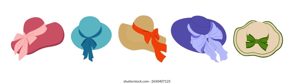 Set of spring summer hats with ribbon bows. Head wear collection for women. Beach accessory. Hand drawn vector illustration isolated on white background, modern flat cartoon style.
