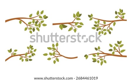 Set of spring or summer horizontal tree branches with green leaves in flat cartoon style. Cute hand drawn clipart collection for web, card, poster, seasonal design and creative projects.