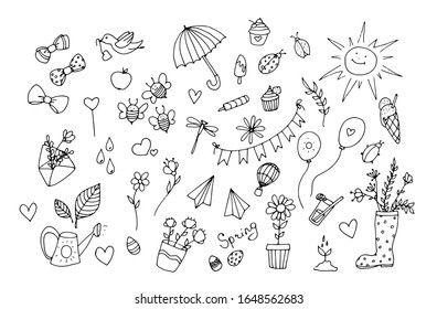 Set of spring summer icons. Hand drawn positive icons.