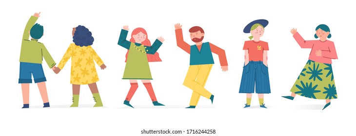 Set spring and summer of joyful and cute characters. illustration concept with cartoon people. Couple dancing, girl in a hat, young black woman in a skirt. Vector.