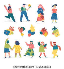 Set spring and summer of joyful and cute characters. illustration concept with cartoon people. Abstract decorative elements with cute flowers and leaves. Vector.