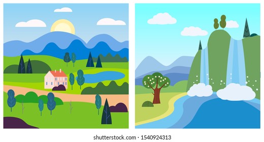 Set spring summer landscape rural countryside waterfall. Vector isolated minimal cartoon style, template baner poster