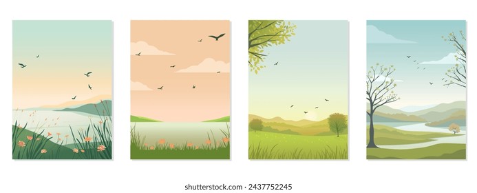 Set of spring and summer landscapes with mountains, trees, lakes, flowers and birds. Vertical editable vector illustration for card, banner, poster, design and print.