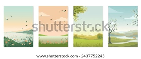 Set of spring and summer landscapes with mountains, trees, lakes, flowers and birds. Vertical editable vector illustration for card, banner, poster, design and print.