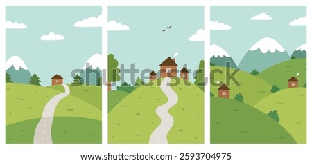 A set of spring and summer landscapes with mountains, clouds, fields, houses. Vector hand-drawn illustrations in flat style. Beautiful cartoon backgrounds with nature. Perfect for cards, banners.