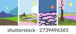 Set of spring summer landscapes vector illustration. Hand drawn wall art. Flowers, fields and meadows, trees, house.