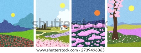 Set of spring summer landscapes vector illustration. Hand drawn wall art. Flowers, fields and meadows, trees, house.