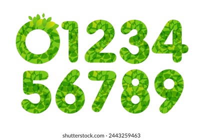 Set of spring or summer numbers from 0 to 9 with green leaves. Sale concept. Happy anniversary idea. Decorative elements for organic or natural goods. Vector graphic. Isolated digits. Cute icons.