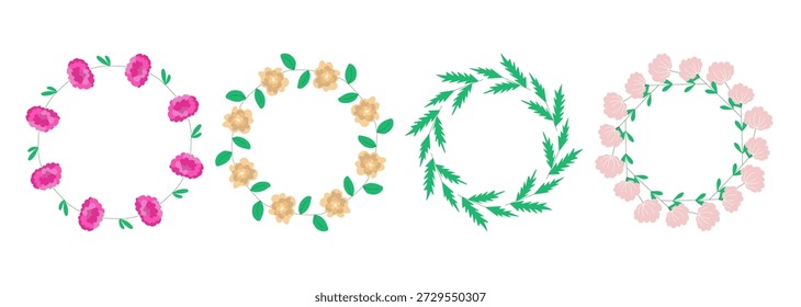 Set von Frühlings- und Sommerfloralrahmen. Natürliche Kränze von Blumen und Kräutern. Botanische Felgen mit Kopienraum, Vektorgrafiken