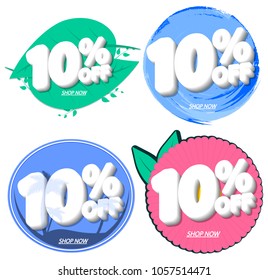 Set Spring and Summer Sale tags, 10% off, banners design template, app icons, vector illustration