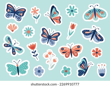 A set of spring and summer stickers with flowers and butterflies