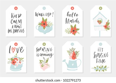 Set of Spring tags and labels with quotes, calligraphy, flowers, wreath, leaf. Vector illustration.