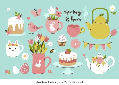 A set of spring tea party items with flowers, bouquets, eggs, Easter cakes. Vector graphics.