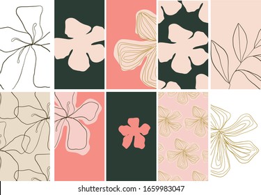Set spring template in a botanical style with flowers. Abstract background for social media, summer or spring promotion flyer, trendy composition. Summertime textures. 